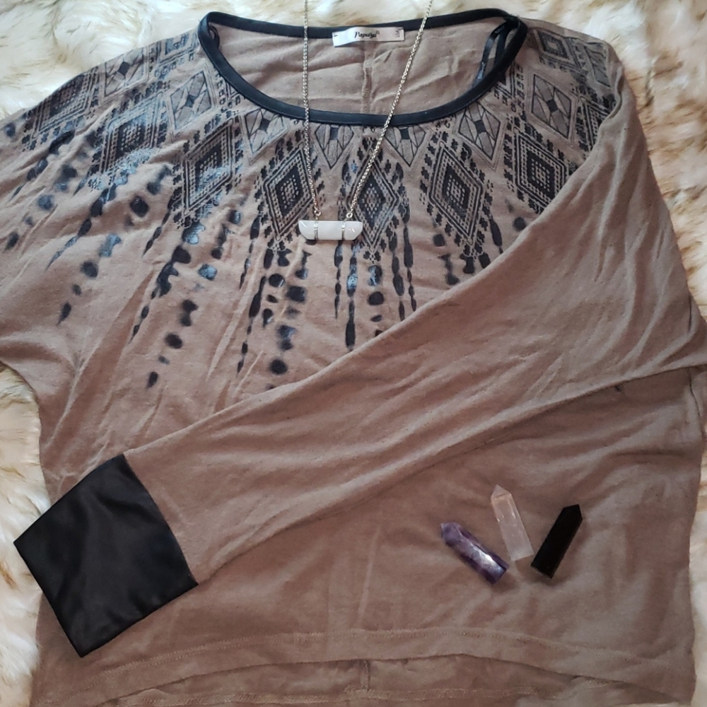 Tribal brown and faux leather cuffed Shirt